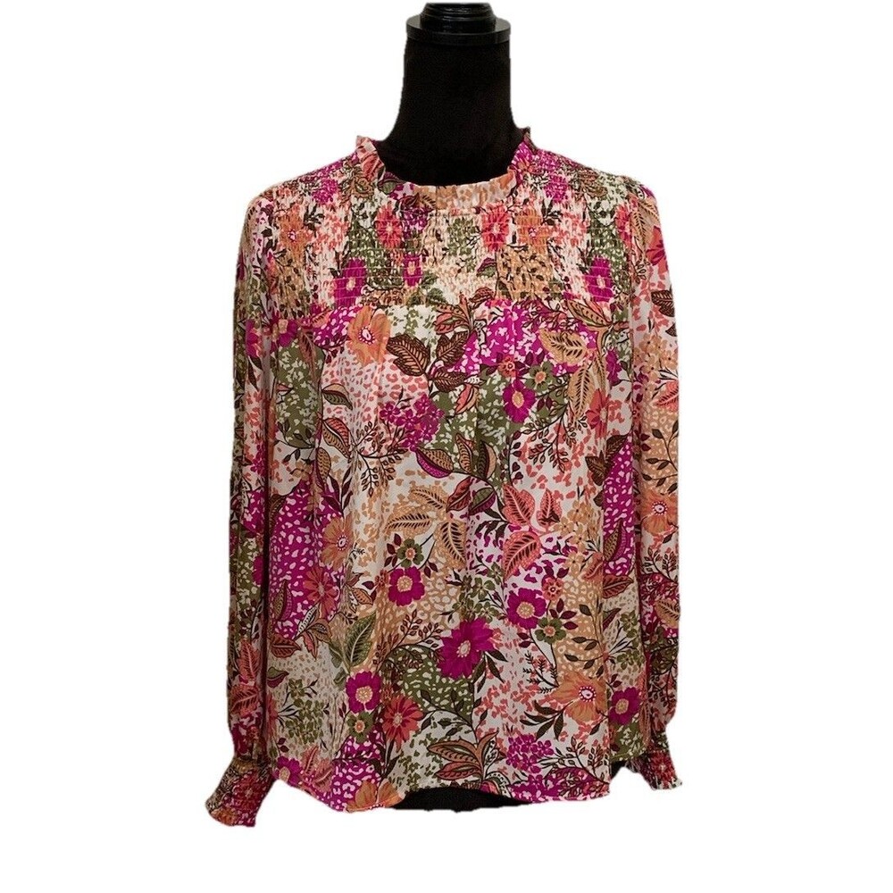 Skies Are Blue Womens Size Small Top Lightweight Floral Smocked Cuff